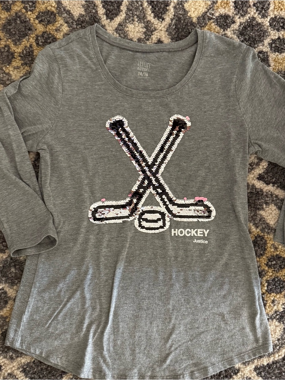 Justice Gray Long-Sleeve Hockey Sequin Tee.Changes colors to pink flip sequins